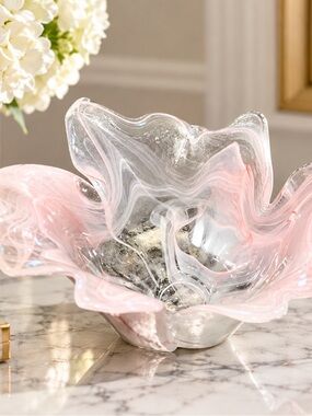 Murano Art Glass Pink White Gray Ruffled Hand Blown Bowl